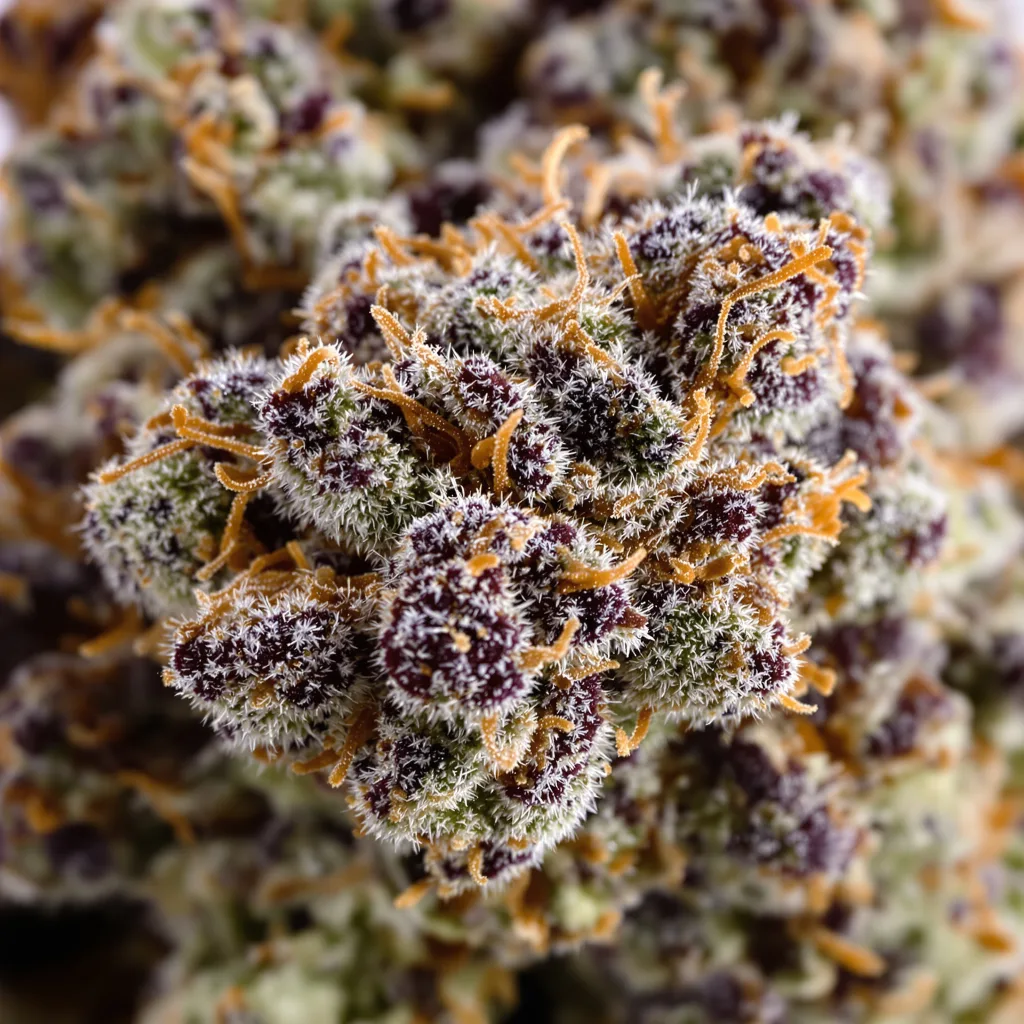 Primer plano de cogollo de cannabis Black Water Purple OG Cheese mostrando cálices densos con tonos morados