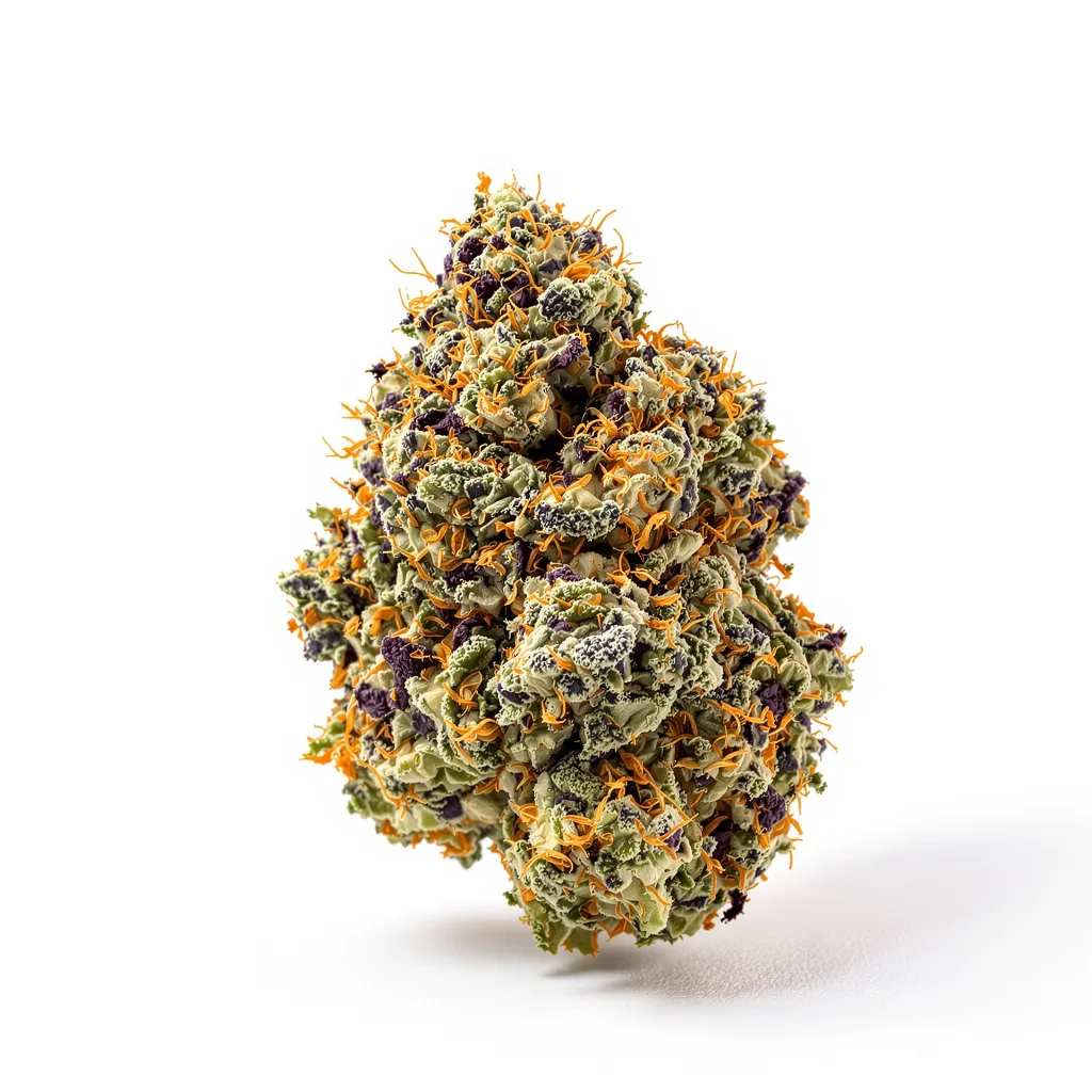 Black Water Purple OG Cheese 66% indica / 34% sativa — flor con tricomas visibles