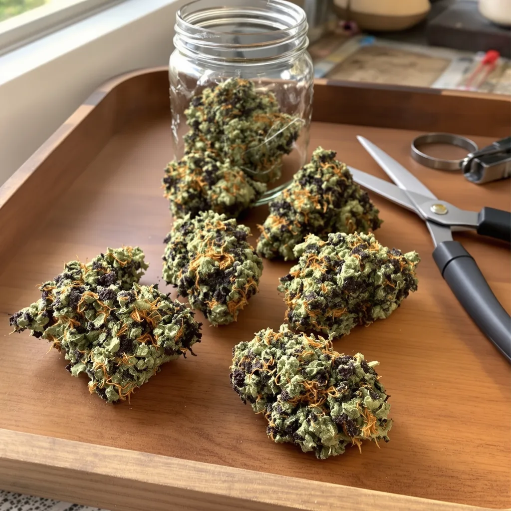 Black Widow 86% indica / 14% sativa — flor con tricomas visibles
