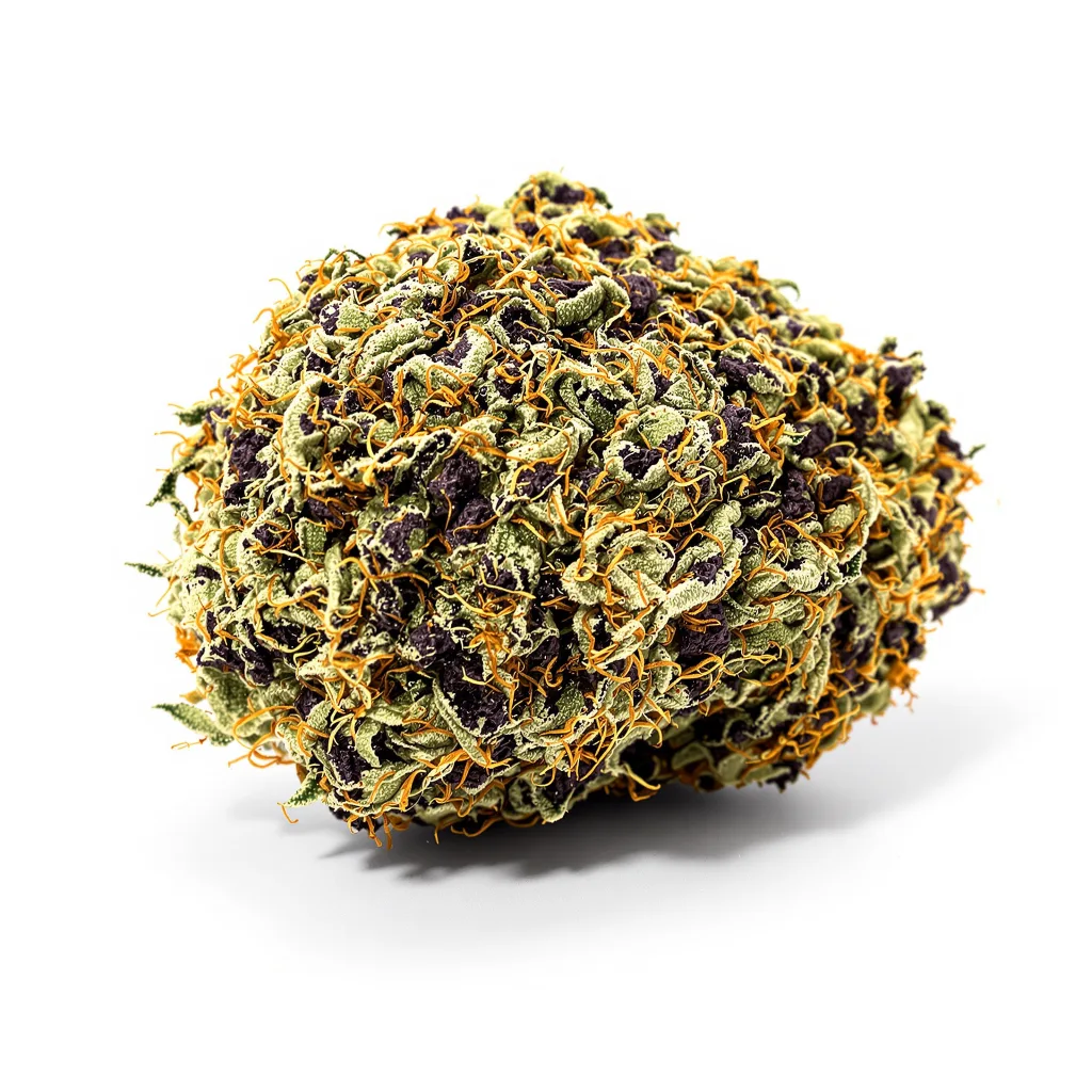 Black Widow 86% indica / 14% sativa — flor con tricomas visibles