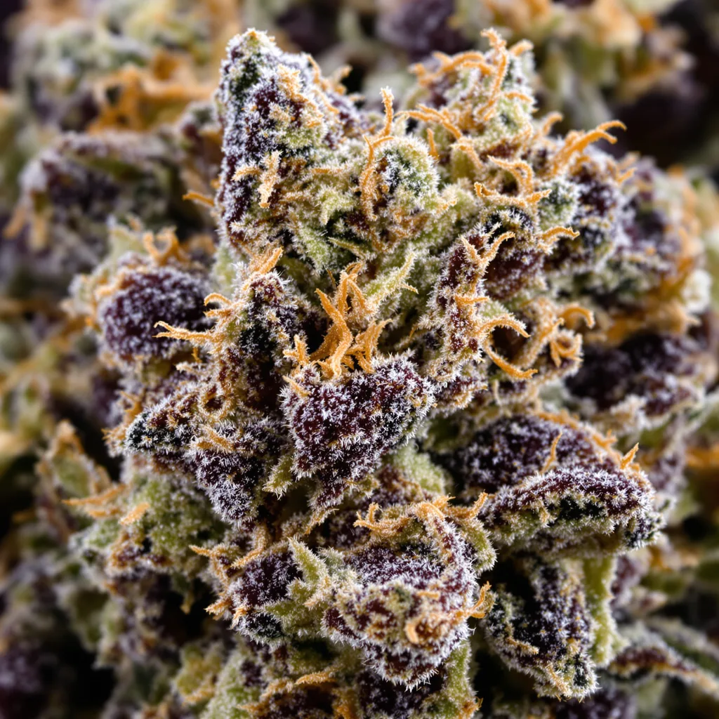 Primer plano de cogollo de cannabis Blackberry mostrando cálices densos con tonos morados
