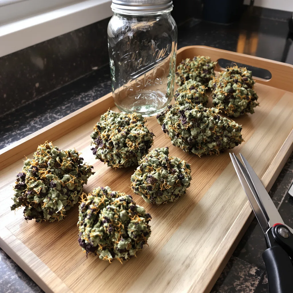 Blackberry Kush 80% indica / 20% sativa — flor con tricomas visibles