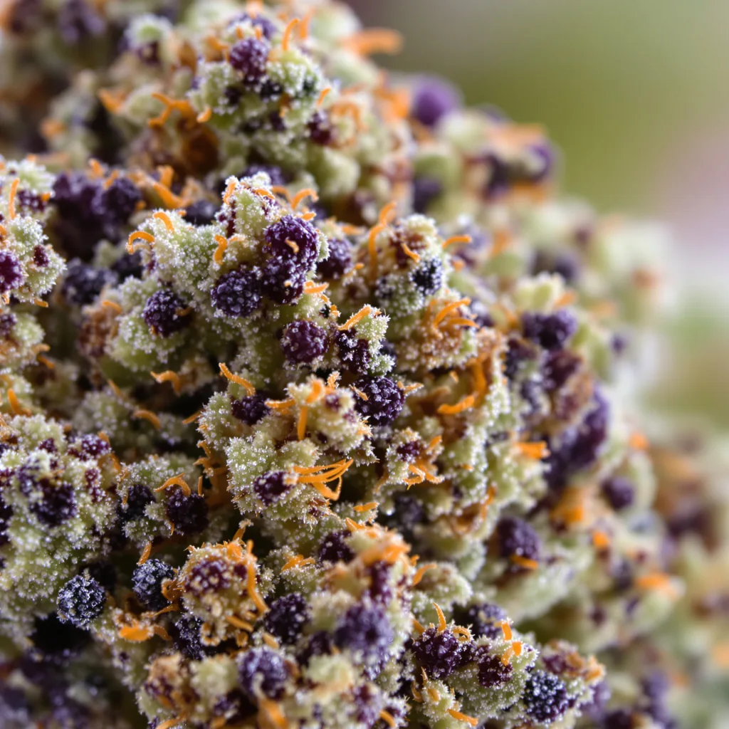 Primer plano de cogollo de cannabis Blackberry Kush mostrando cálices densos con tonos morados