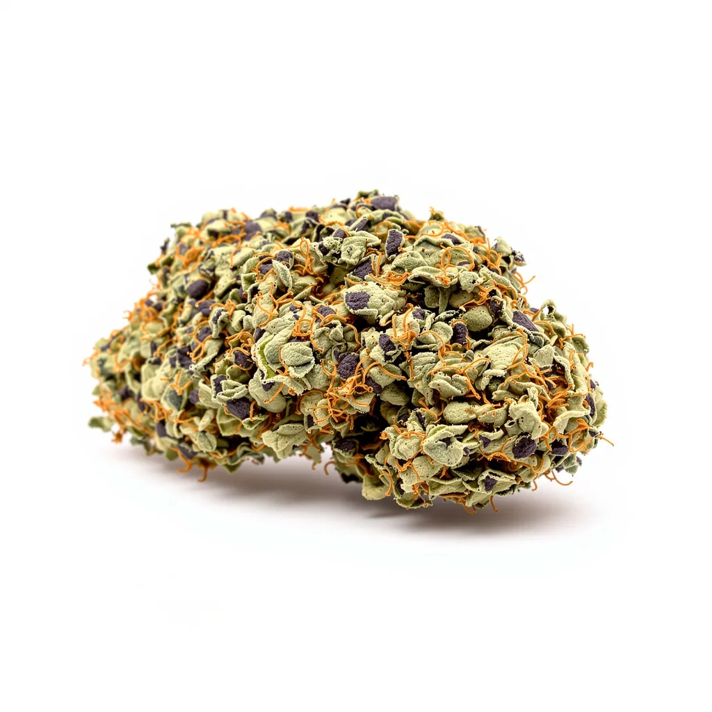 Blackberry Kush 80% indica / 20% sativa — flor con tricomas visibles