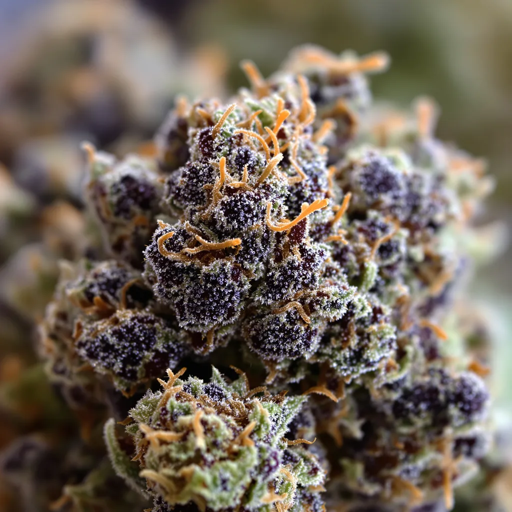 Primer plano de cogollo de cannabis Blackberry Kush mostrando cálices densos con tonos morados