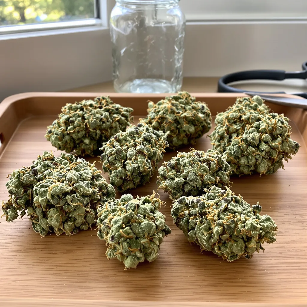 Blackberry Pie 51% indica / 49% sativa — flor con tricomas visibles