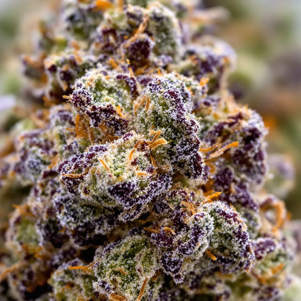 Primer plano de cogollo de cannabis Blackberry Rhino mostrando cálices densos con tonos morados