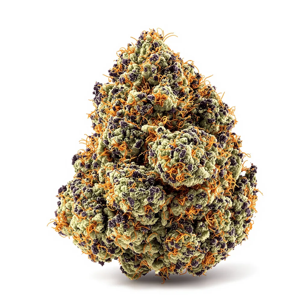 Blackberry Rhino 74% indica / 26% sativa — flor con tricomas visibles