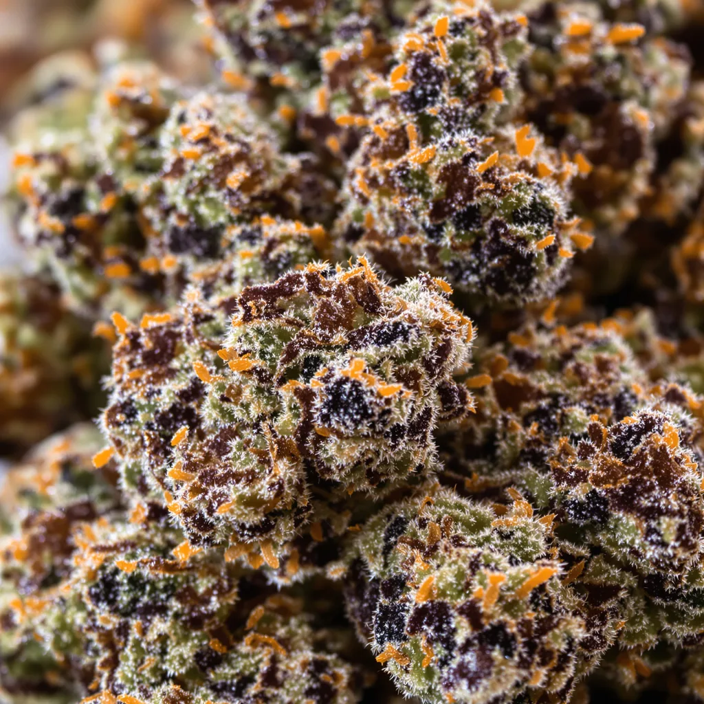 Primer plano de cogollo de cannabis Blackwater mostrando cálices densos con tonos morados