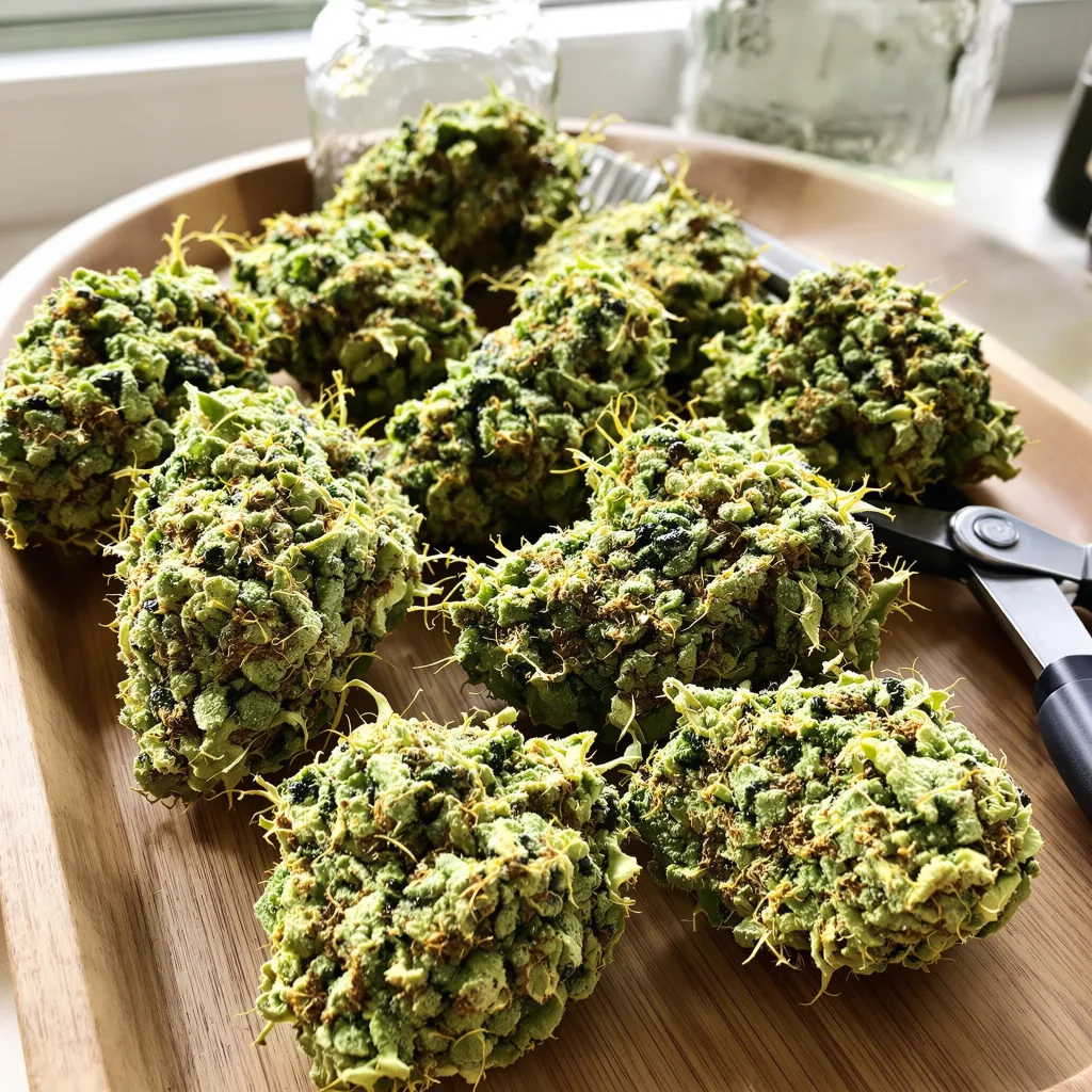 Blob OG 21% indica / 79% sativa — flor con tricomas visibles