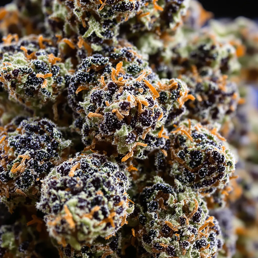 Primer plano de cogollo de cannabis Bloos Kloos mostrando cálices densos con tonos morados