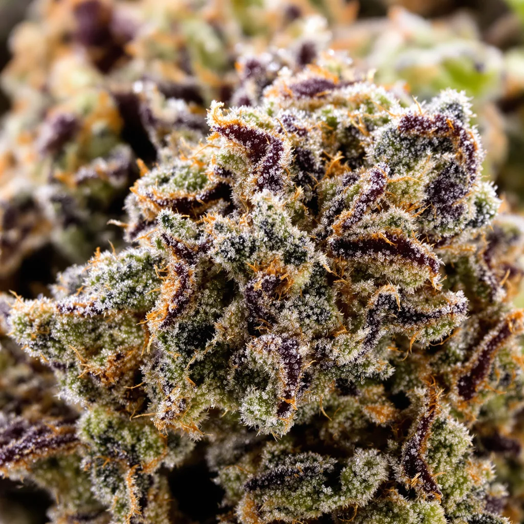 Primer plano de cogollo de cannabis Blue Afghani mostrando cálices densos con tonos morados