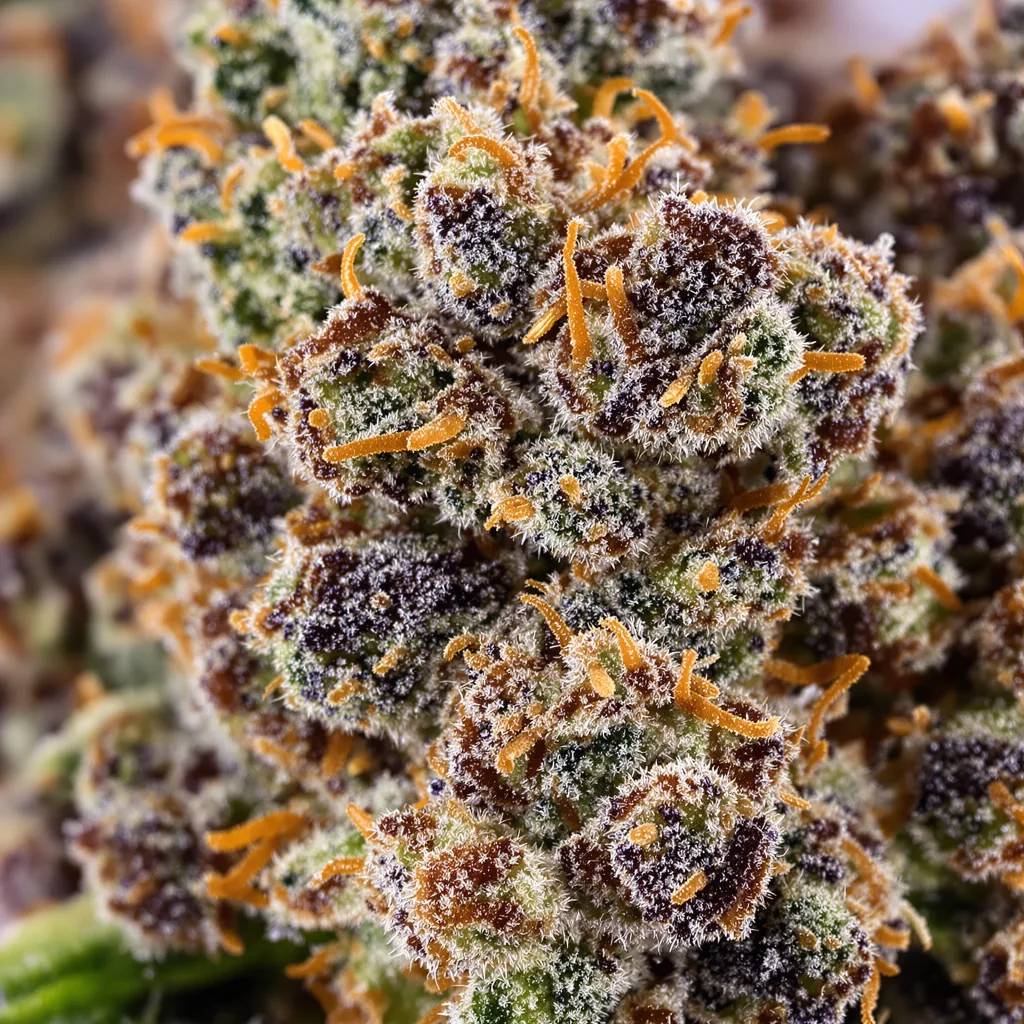 Primer plano de cogollo de cannabis Blue Alien mostrando cálices densos con tonos morados