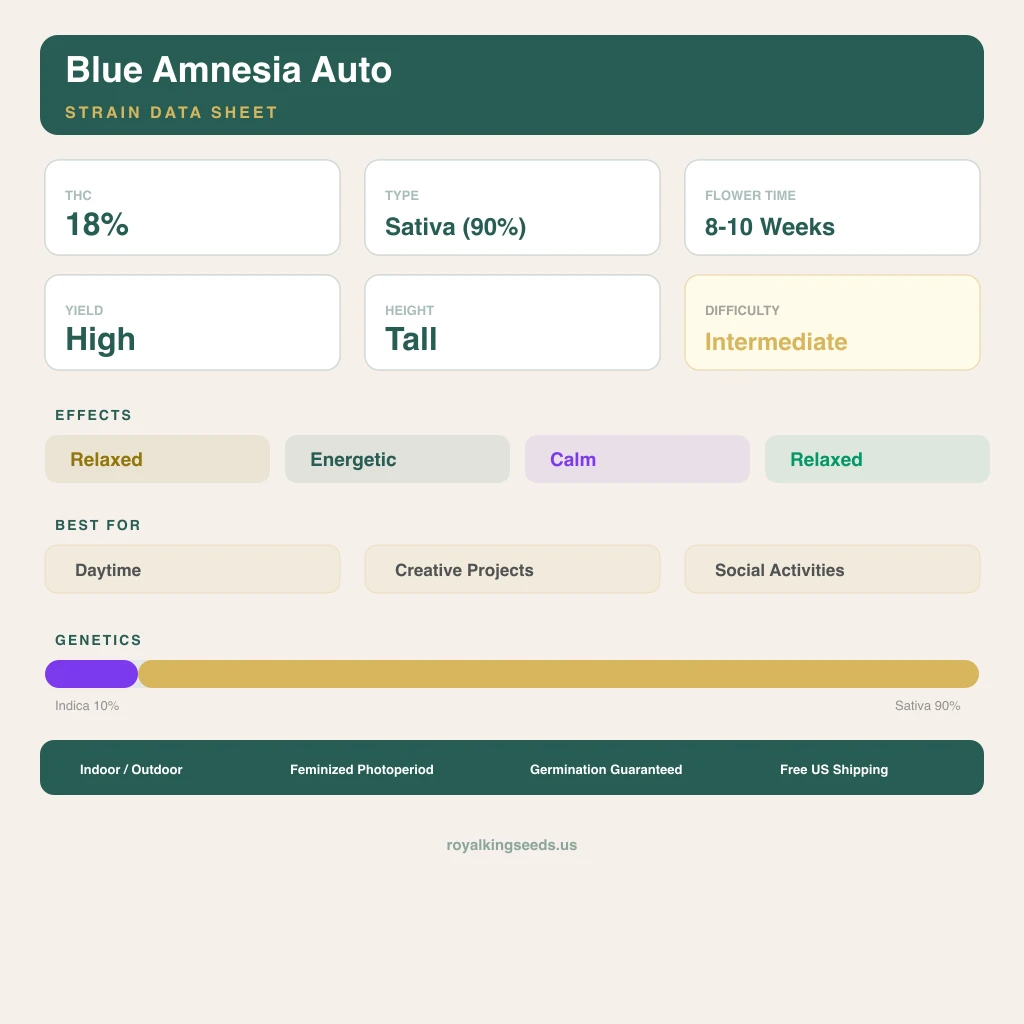 Blue Amnesia 10% indica / 90% sativa — flor con tricomas visibles