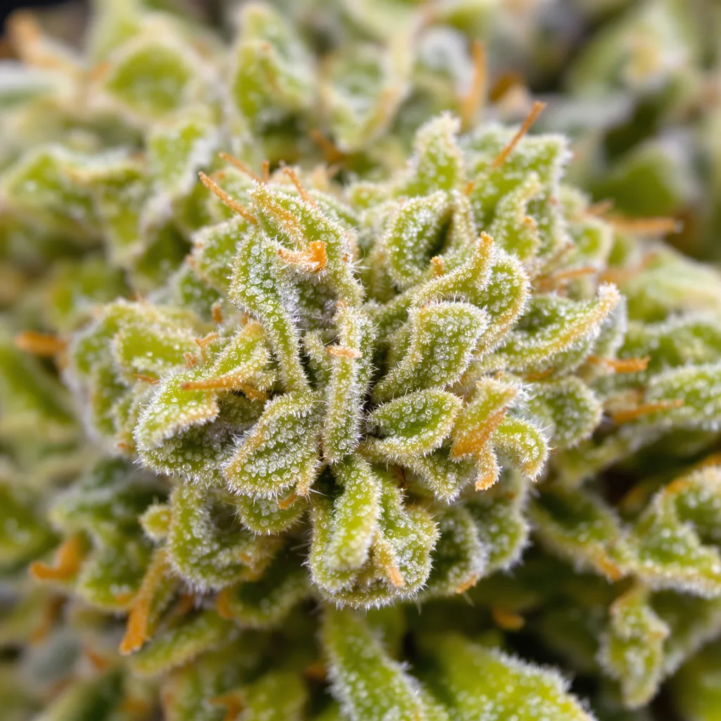 Primer plano de cogollo de cannabis Blue Amnesia mostrando estructura aireada verde lima