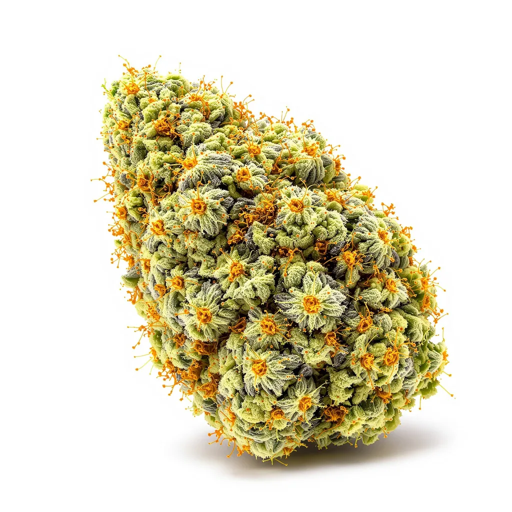 Blue Amnesia 10% indica / 90% sativa — flor con tricomas visibles