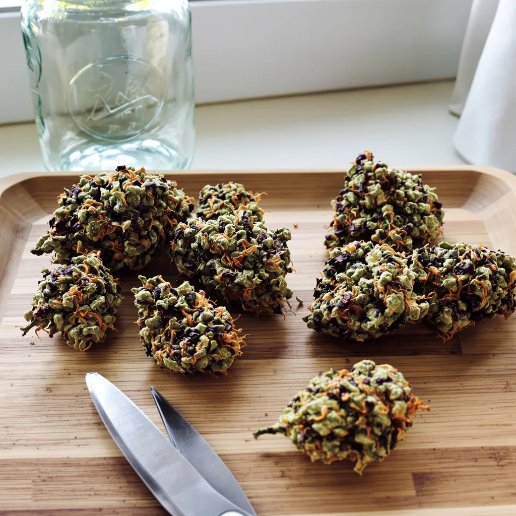 Blue Biscotti 75% indica / 25% sativa — flor con tricomas visibles