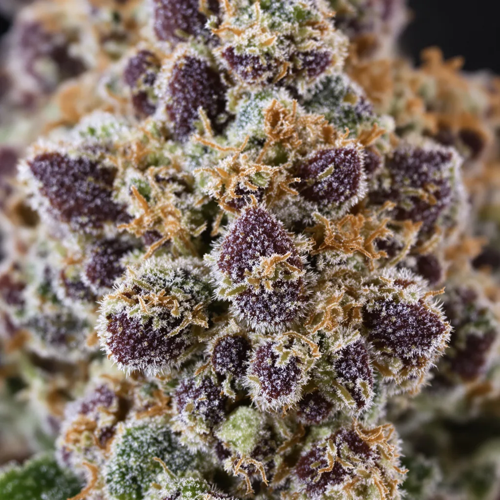 Primer plano de cogollo de cannabis Blue Biscotti mostrando cálices densos con tonos morados