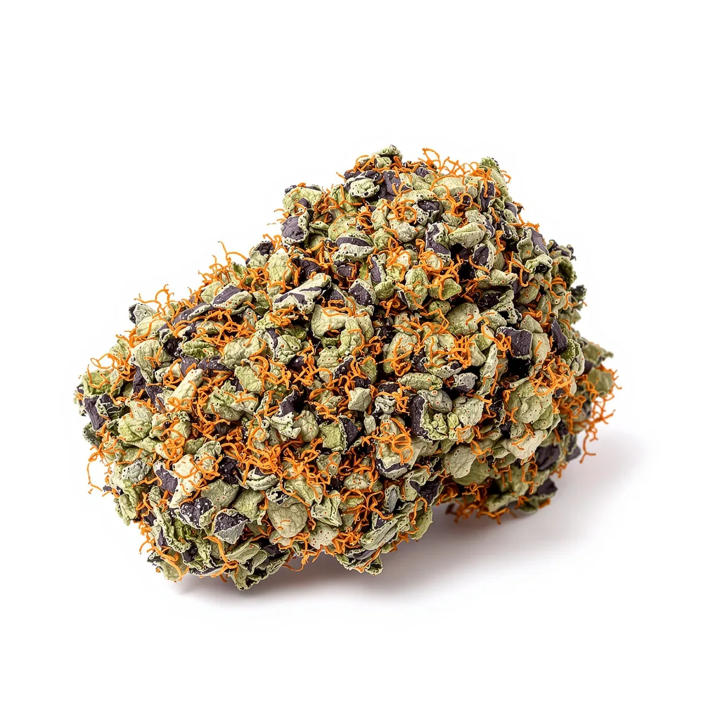Blue Biscotti 75% indica / 25% sativa — flor con tricomas visibles