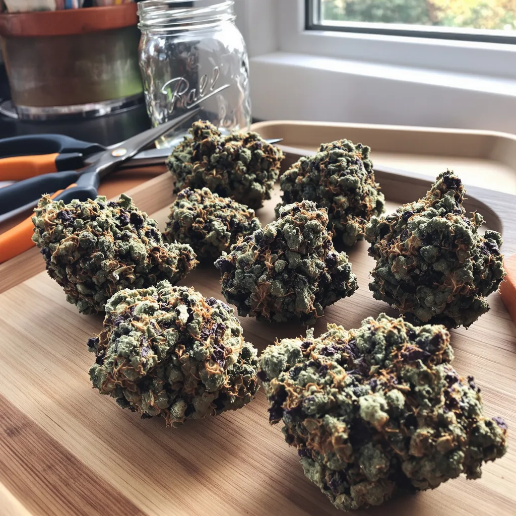 Blue Blood 72% indica / 28% sativa — flor con tricomas visibles