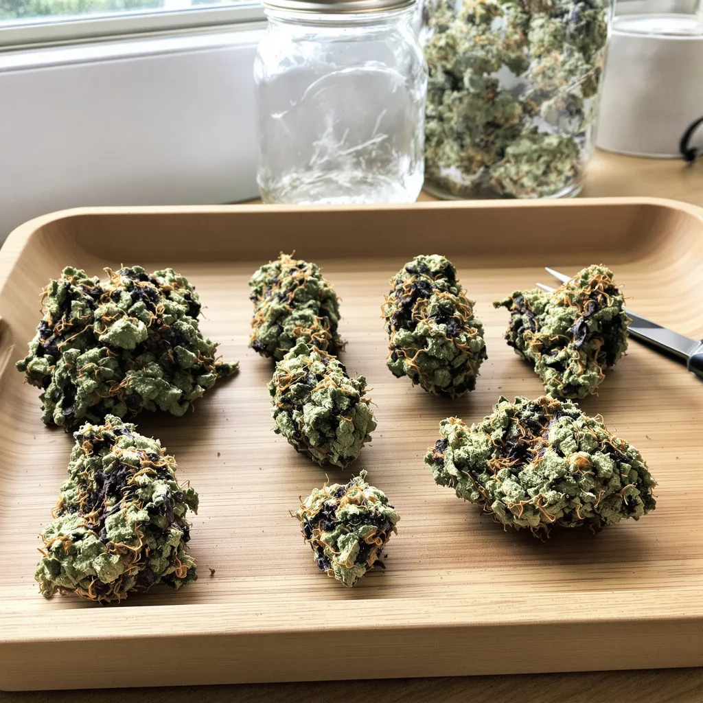Blue Blood 72% indica / 28% sativa — flor con tricomas visibles