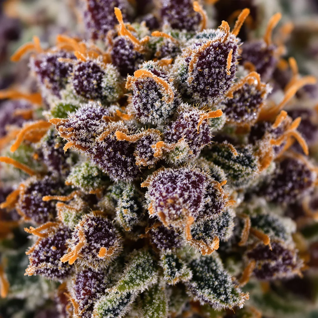 Primer plano de cogollo de cannabis Blue Blood mostrando cálices densos con tonos morados