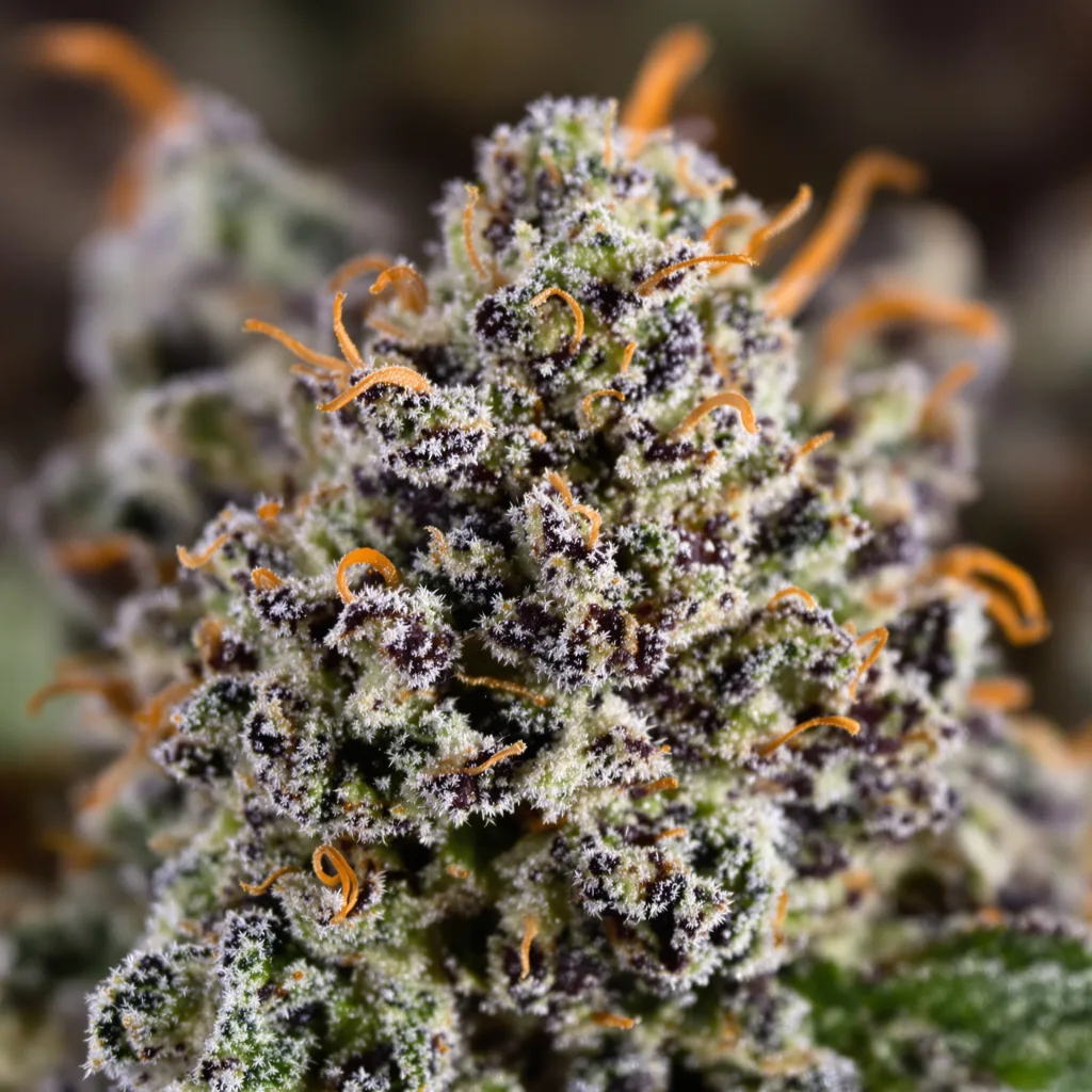 Primer plano de cogollo de cannabis Blue Buddha mostrando cálices densos con tonos morados