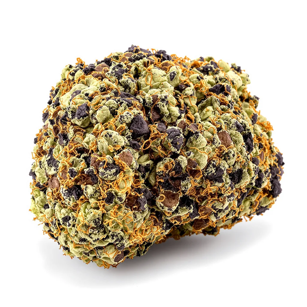 Blue Buddha 69% indica / 31% sativa — flor con tricomas visibles