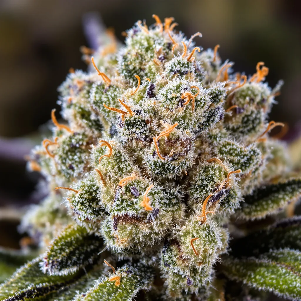 Primer plano de cogollo de cannabis Blue Cheese mostrando cogollos densos verde bosque