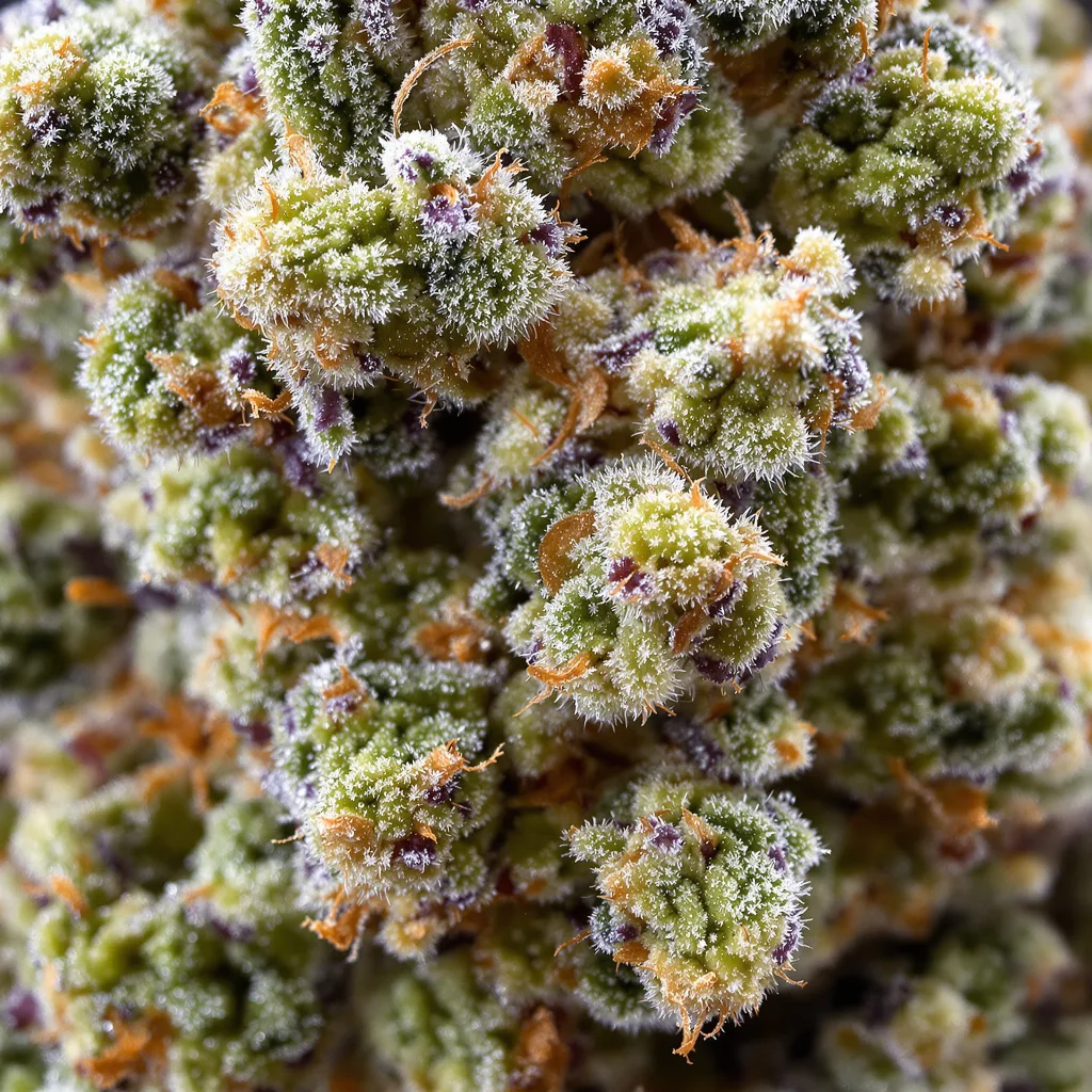Primer plano de cogollo de cannabis Blue Cheese mostrando cogollos densos verde bosque