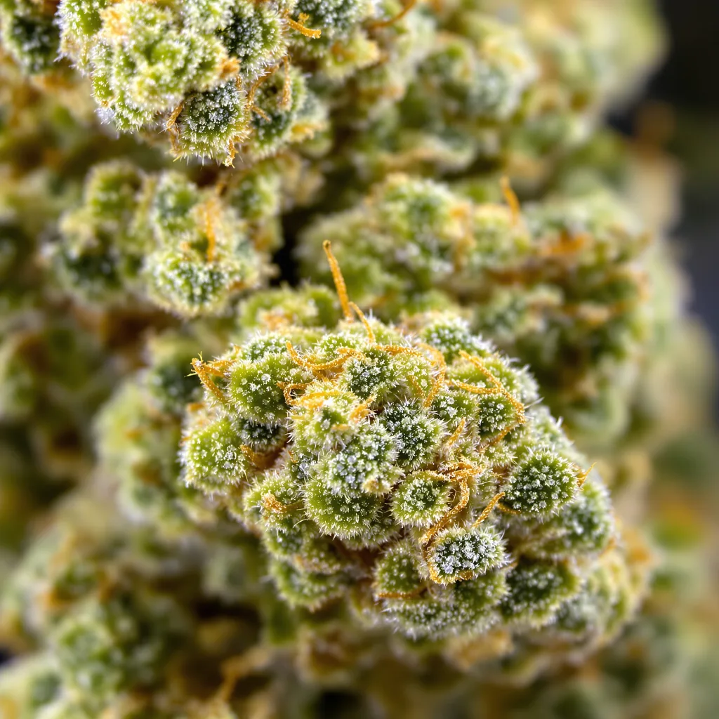 Primer plano de cogollo de cannabis Blue Cinex mostrando estructura aireada verde lima
