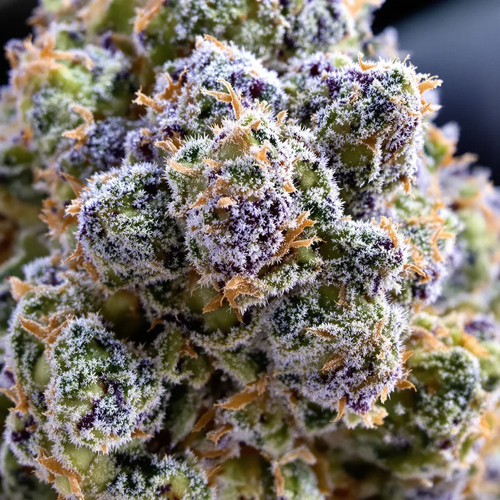Primer plano de cogollo de cannabis Blue Cookies mostrando cogollos densos verde bosque
