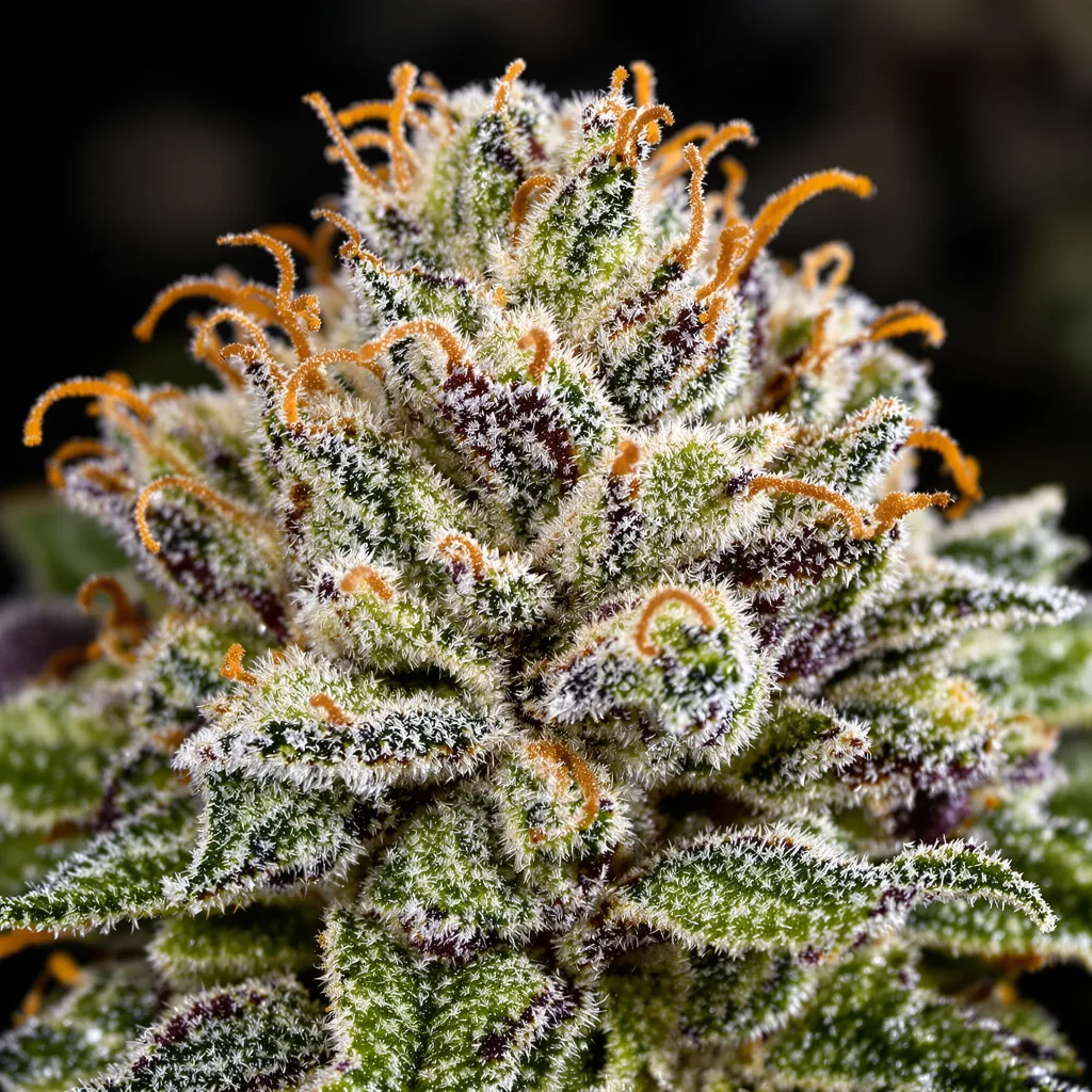 Primer plano de cogollo de cannabis Blue Cookies mostrando cogollos densos verde bosque