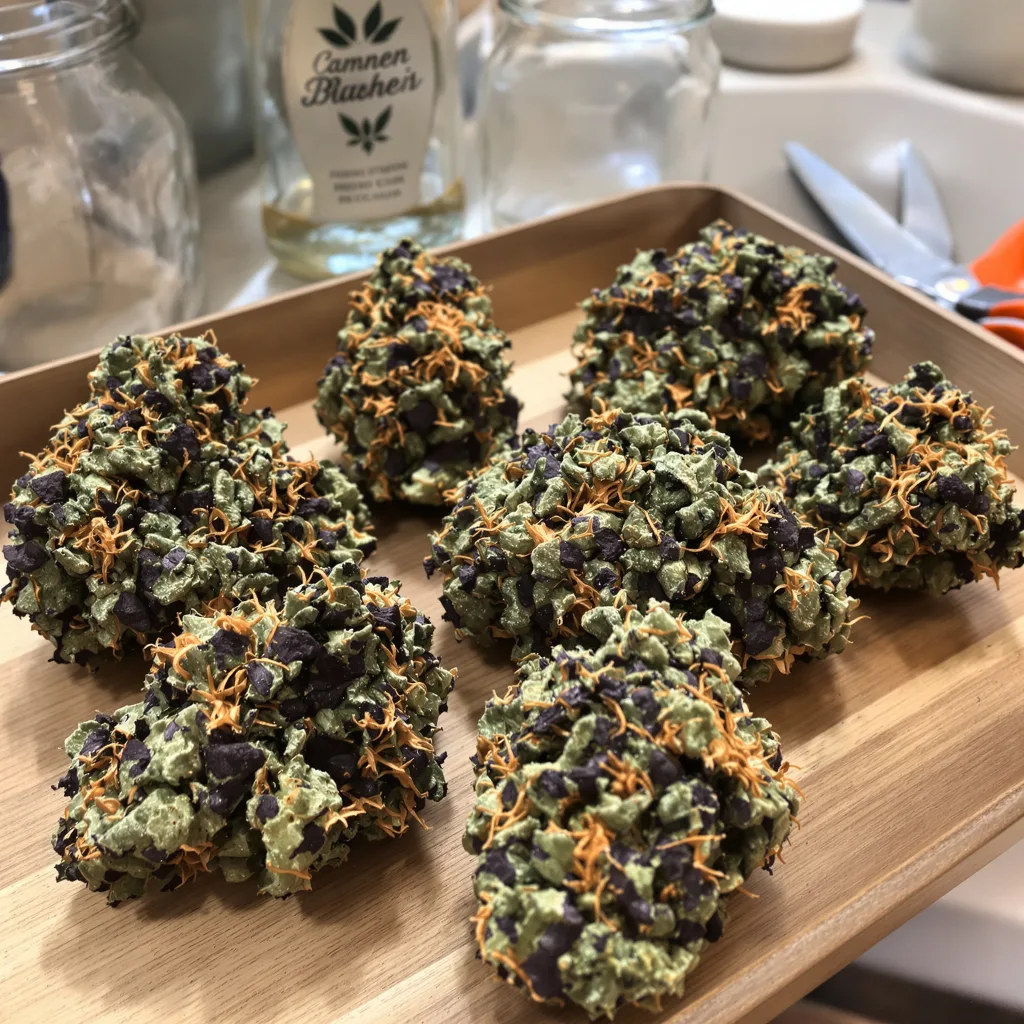 Blue Crack 77% indica / 23% sativa — flor con tricomas visibles