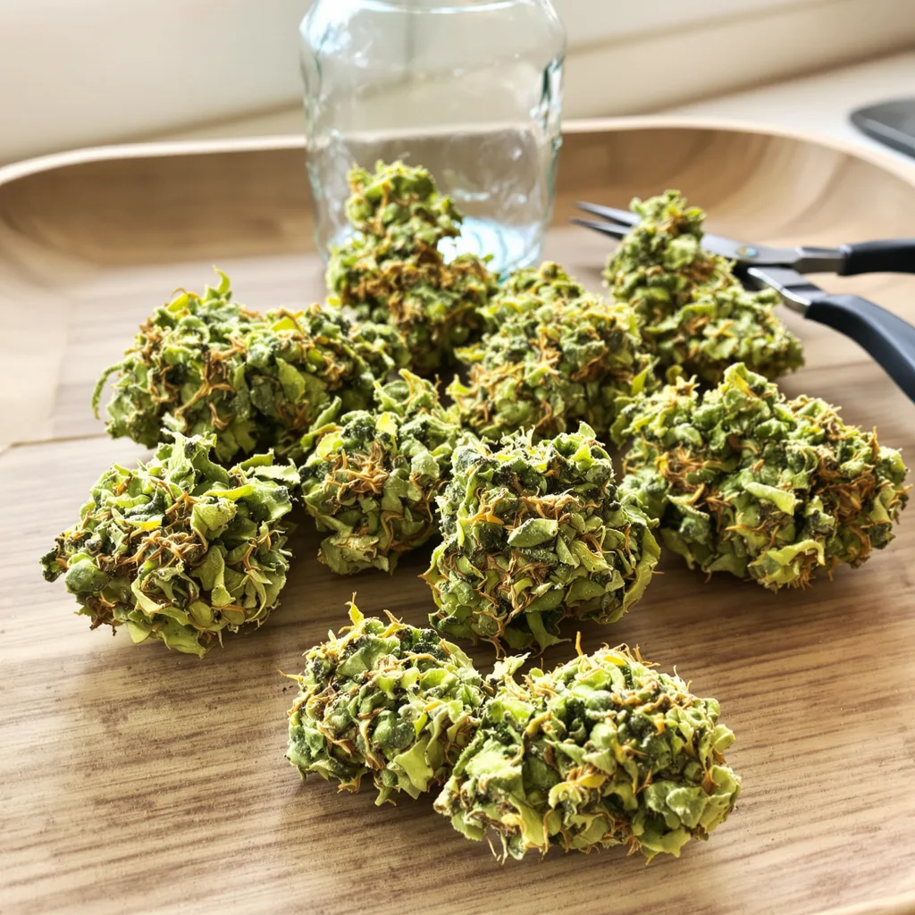 Blue Diamond 14% indica / 86% sativa — flor con tricomas visibles