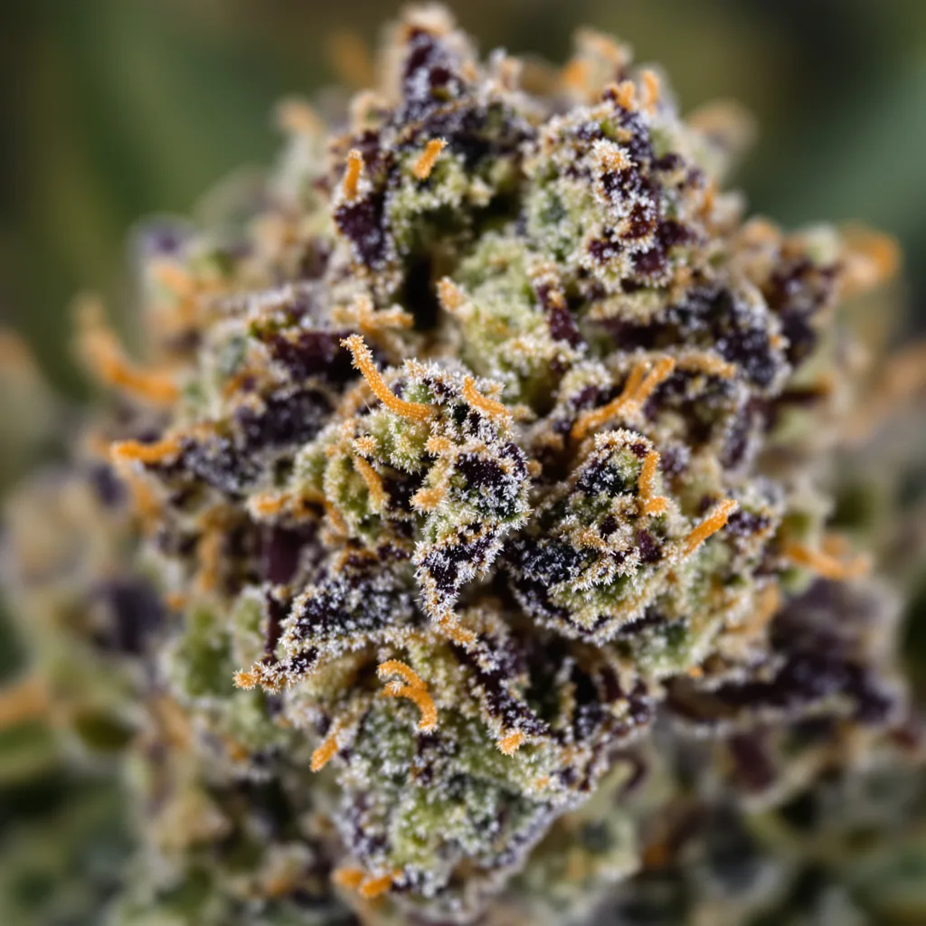 Primer plano de cogollo de cannabis Blue Diesel mostrando cálices densos con tonos morados
