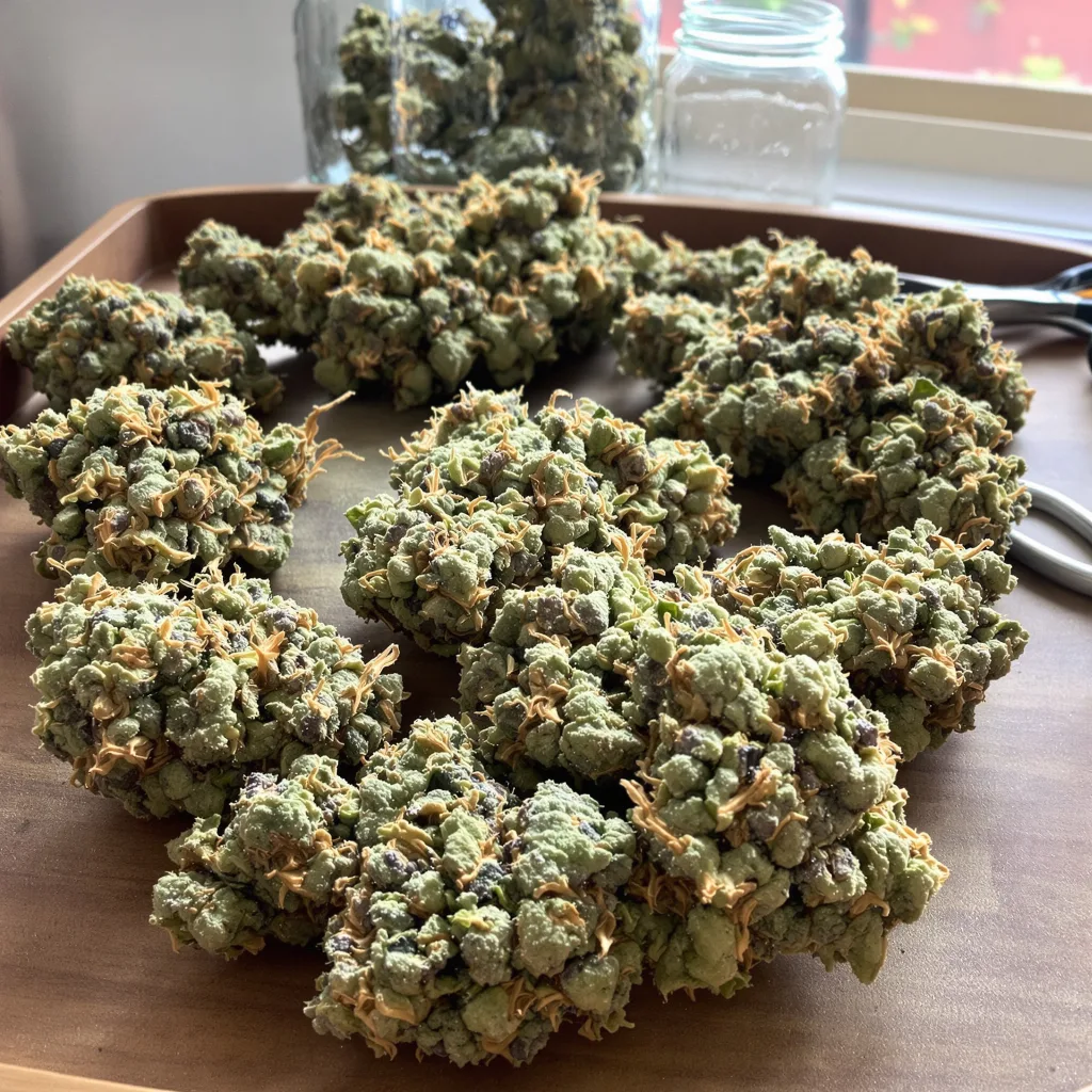 Blue Dragon 61% indica / 39% sativa — flor con tricomas visibles