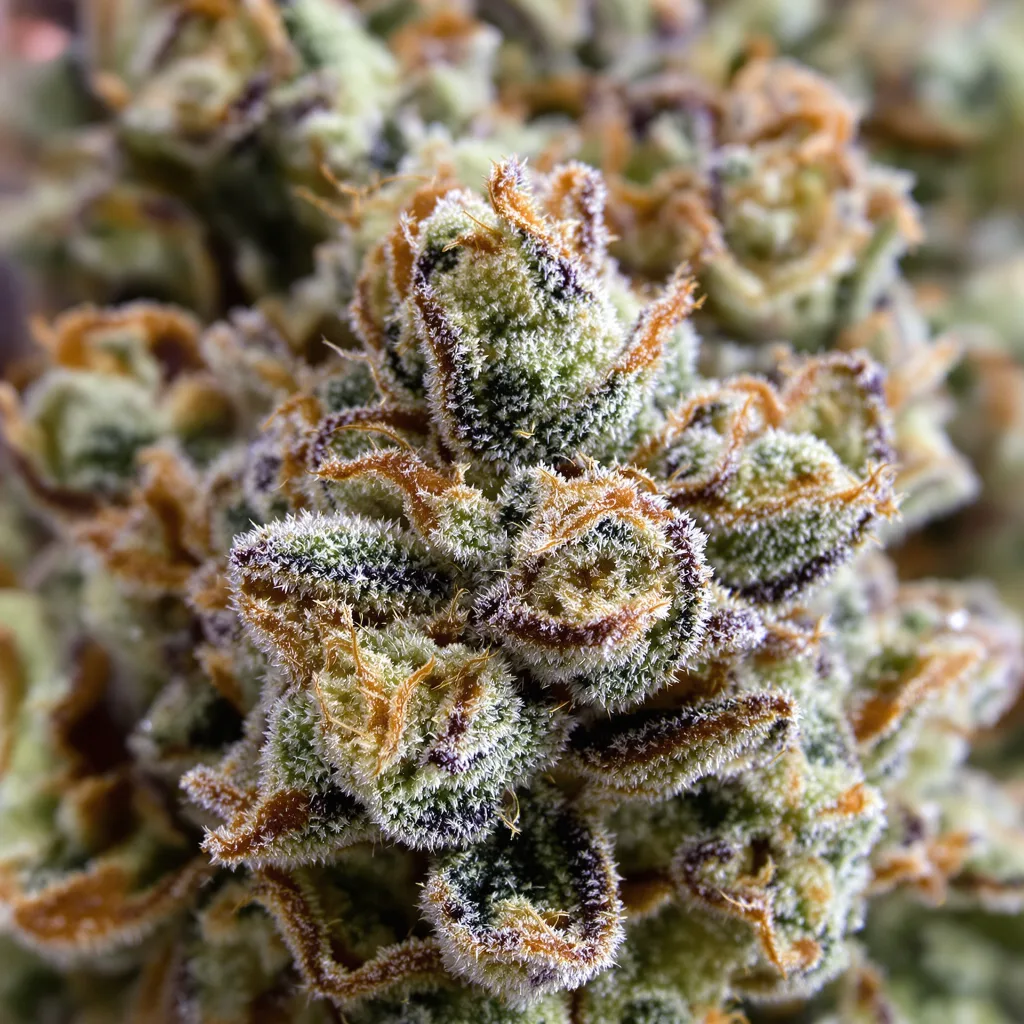 Primer plano de cogollo de cannabis Blue Dragon mostrando cogollos densos verde bosque