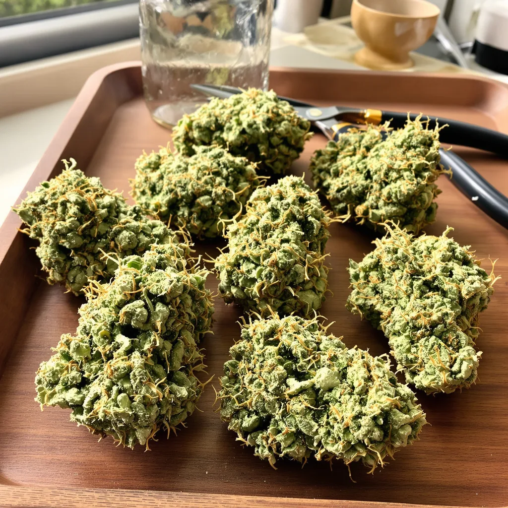 Blue Dream 19% indica / 81% sativa — flor con tricomas visibles