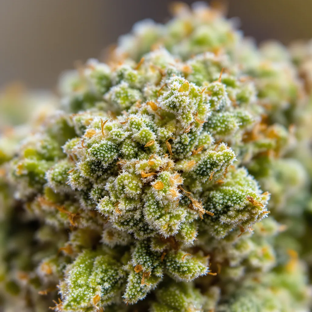 Primer plano de cogollo de cannabis Blue Dream mostrando estructura aireada verde lima