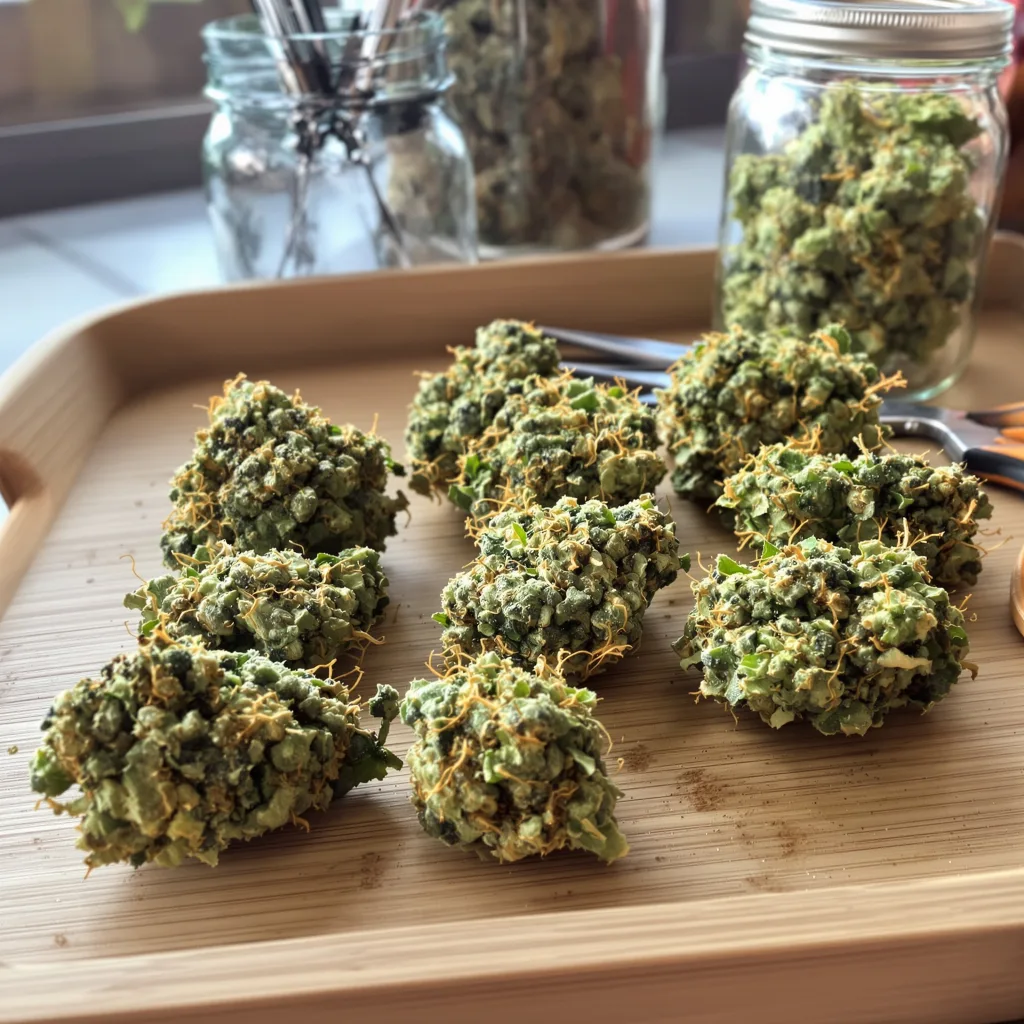 Blue Dream 19% indica / 81% sativa — flor con tricomas visibles