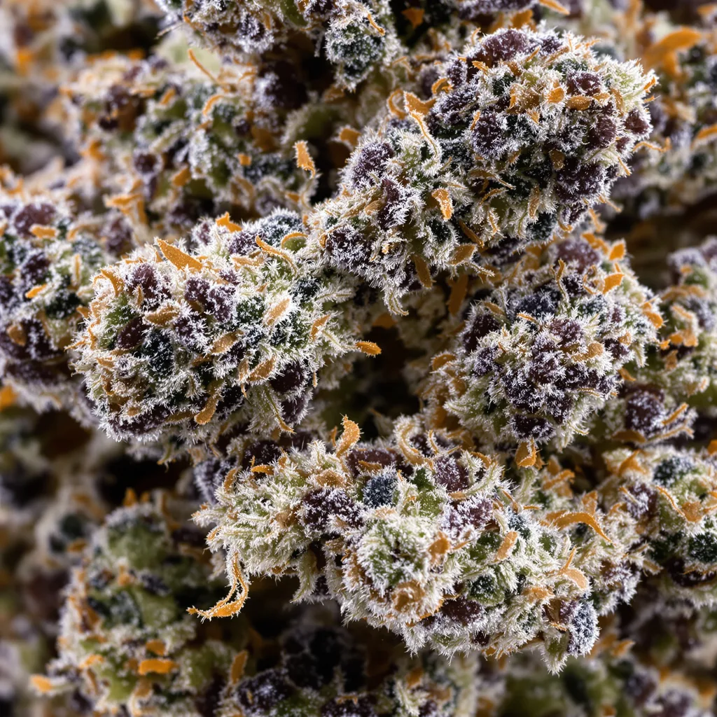 Primer plano de cogollo de cannabis Blue Dynamite mostrando cálices densos con tonos morados
