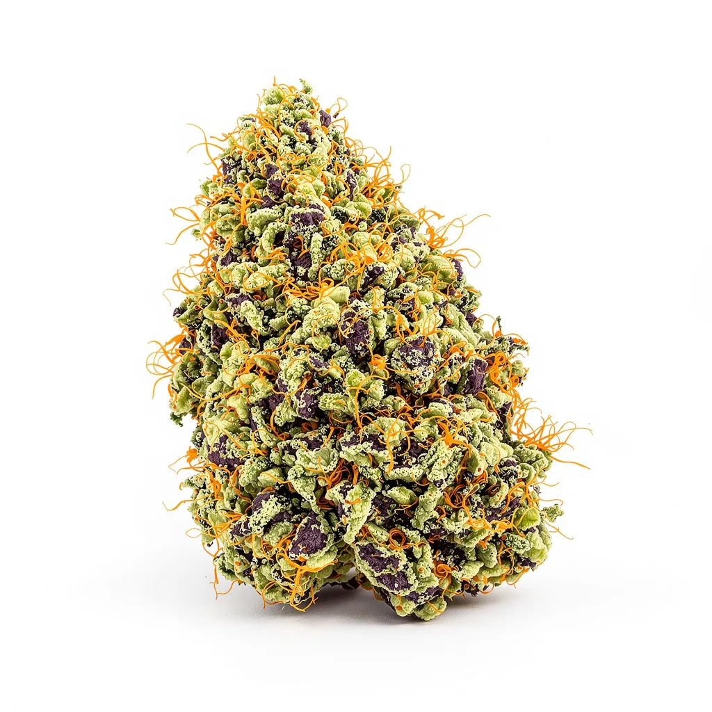 Blue Dynamite 65% indica / 35% sativa — flor con tricomas visibles