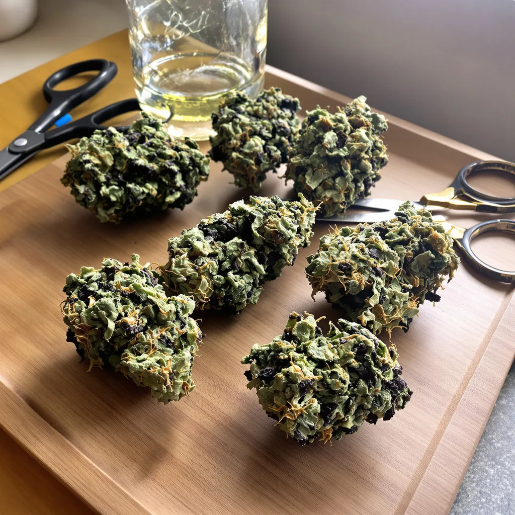 Blue Dynamite 65% indica / 35% sativa — flor con tricomas visibles