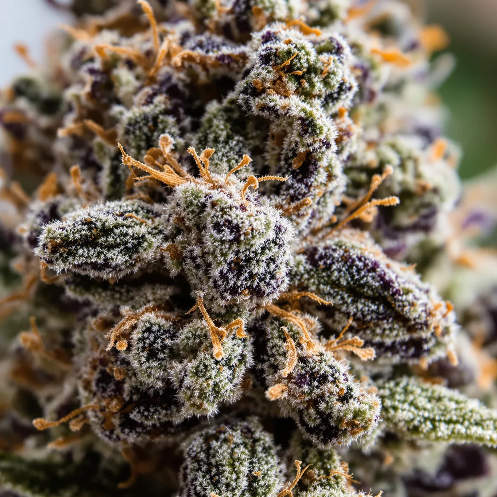 Primer plano de cogollo de cannabis Blue Dynamite mostrando cálices densos con tonos morados