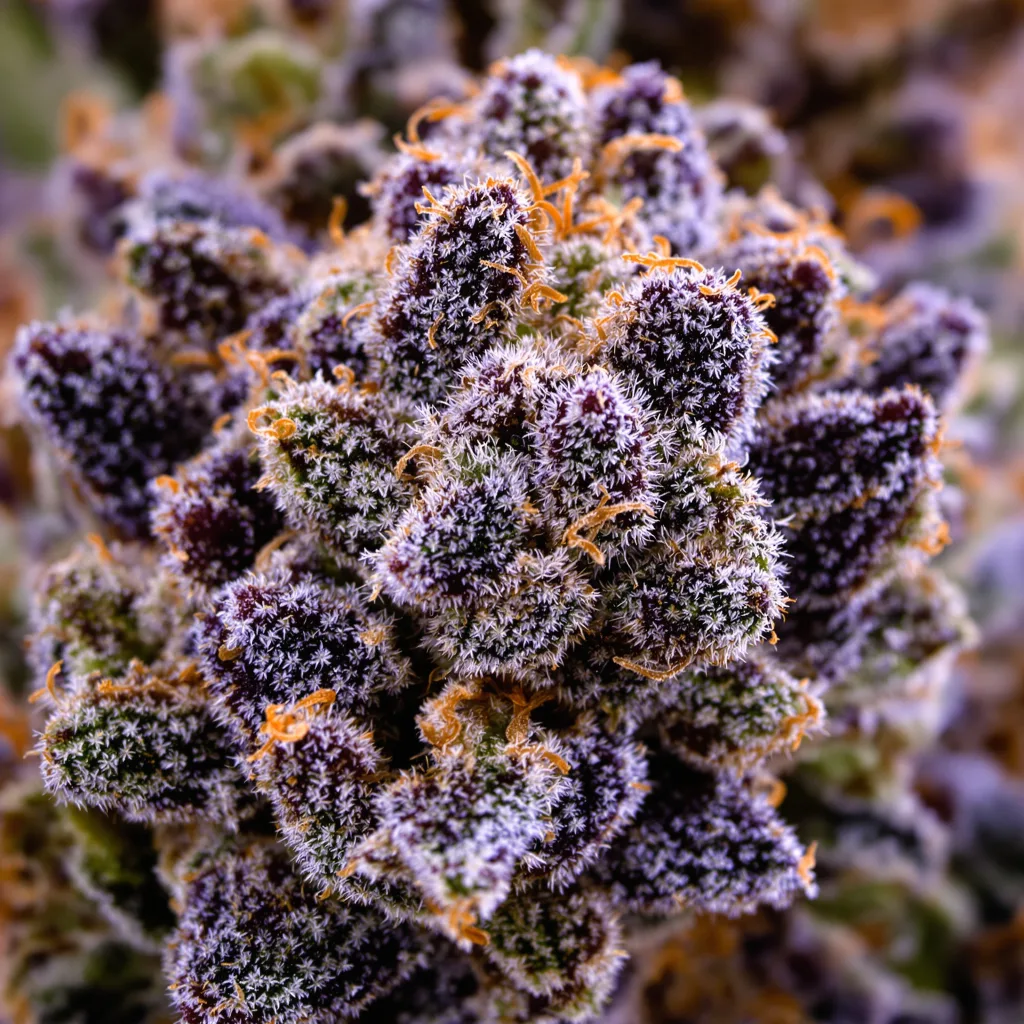 Primer plano de cogollo de cannabis Blue Frost mostrando cálices densos con tonos morados