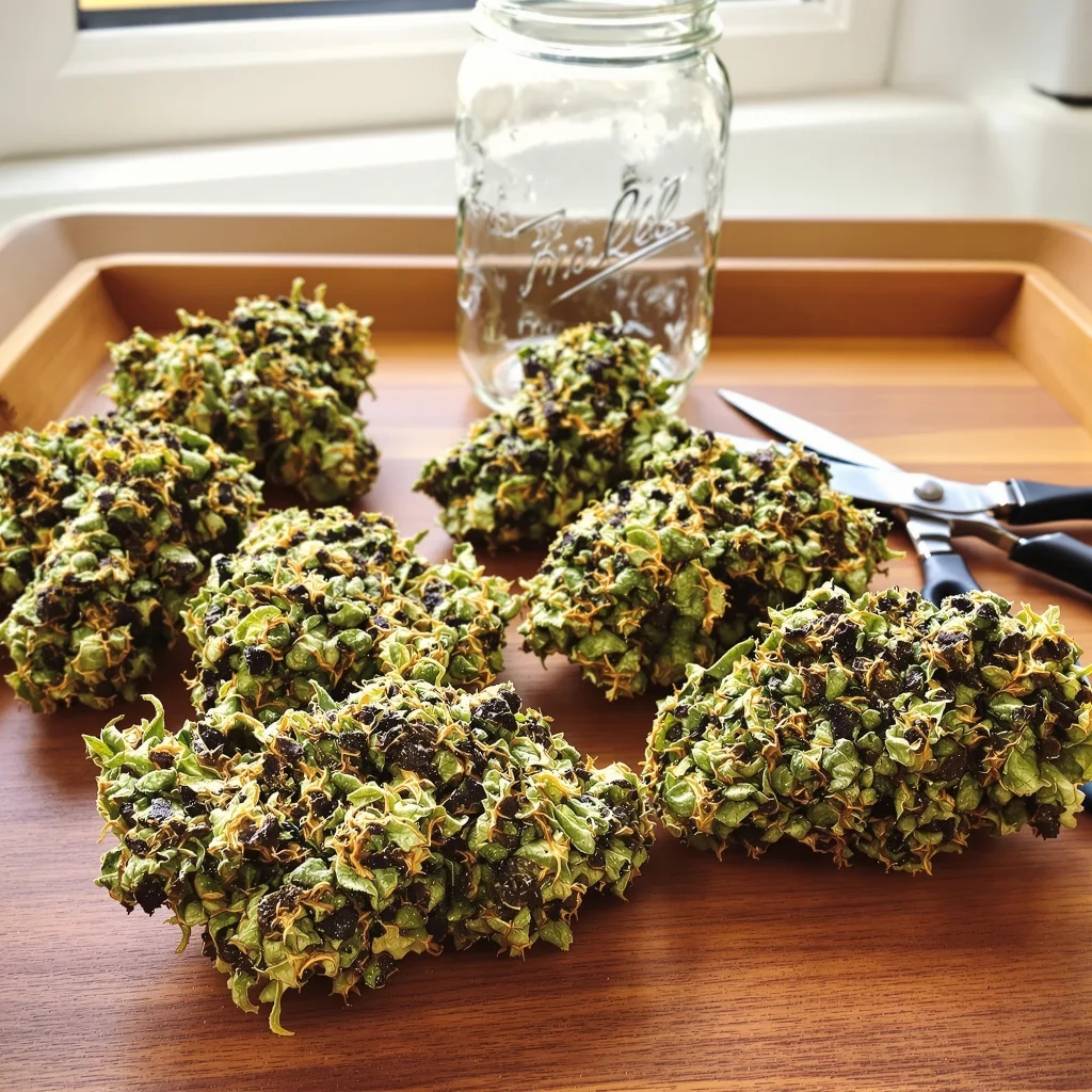 Blue Fruit 86% indica / 14% sativa — flor con tricomas visibles