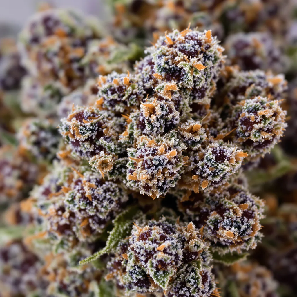 Primer plano de cogollo de cannabis Blue Fruit mostrando cálices densos con tonos morados
