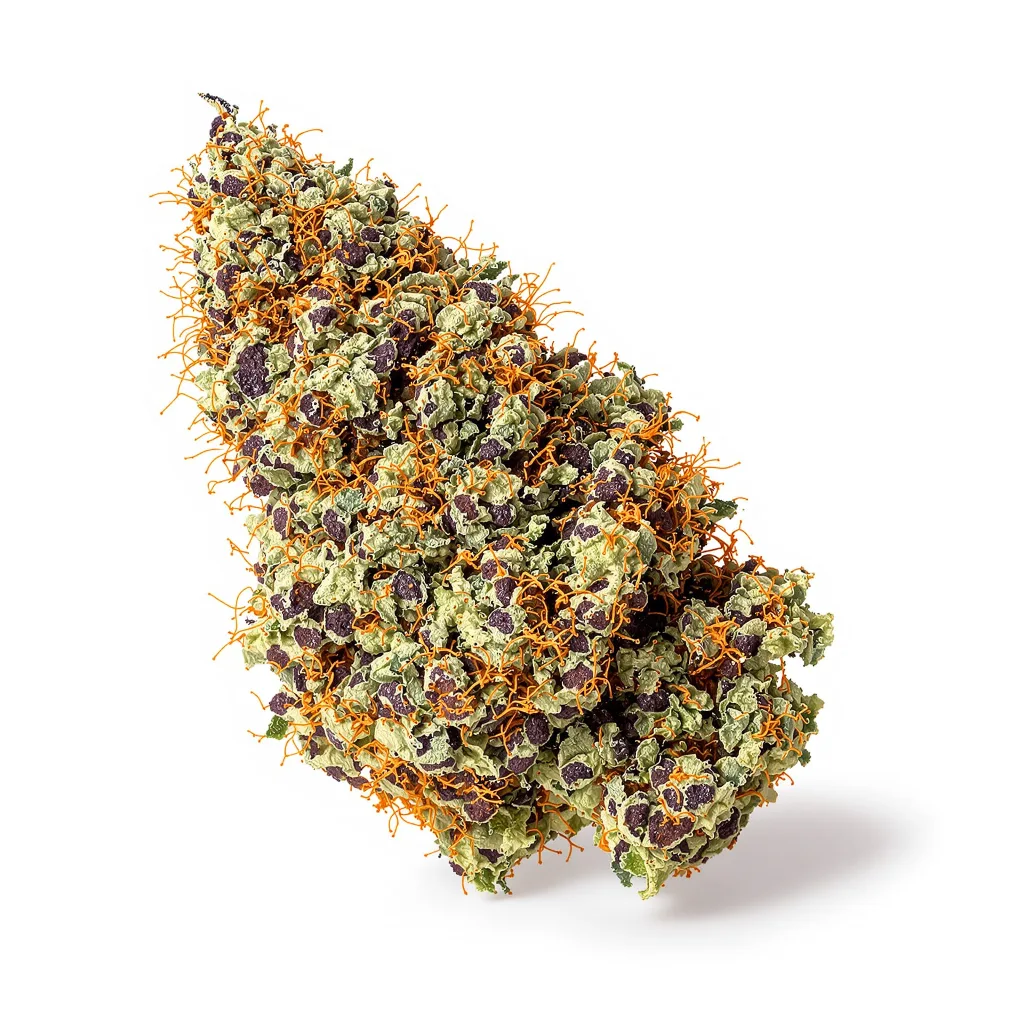 Blue Fruit 86% indica / 14% sativa — flor con tricomas visibles