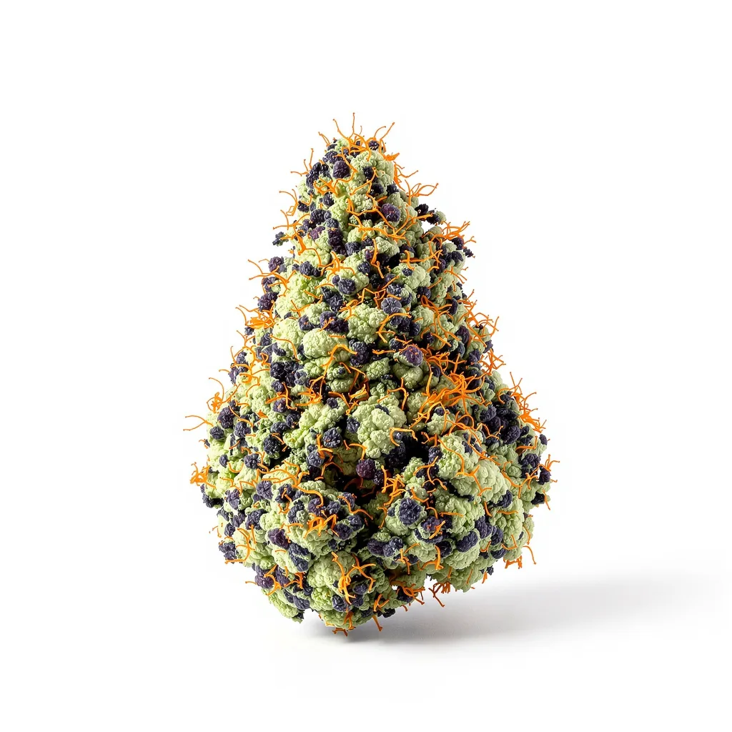 Blue Fruit 86% indica / 14% sativa — flor con tricomas visibles